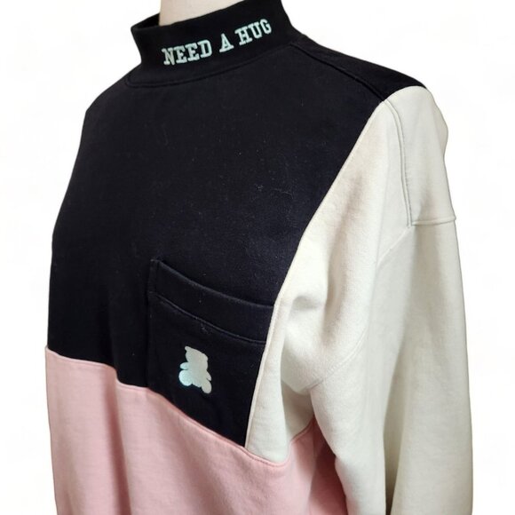 Teddy Fresh Sweatshirt Unisex M Need A Hug Color Block Mock Neck Black Pink - Picture 3 of 16